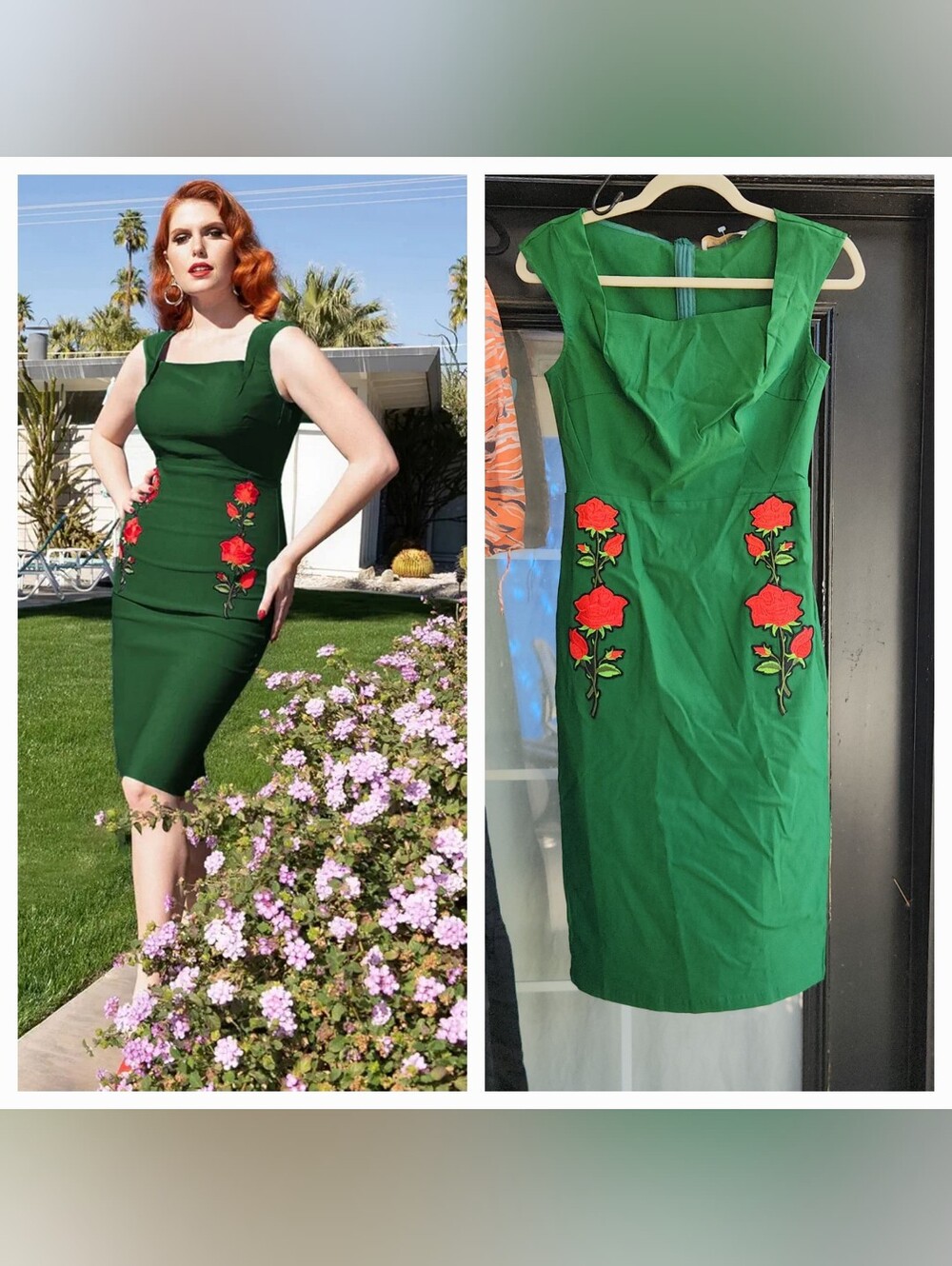 Green Rose Embroidered Sheath Dress - Classic Fit